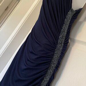 LAUNDRY SHELLI SEGAL ELEGANT Navy Blue Beaded One Shoulder Ruched Maxi Dress 10